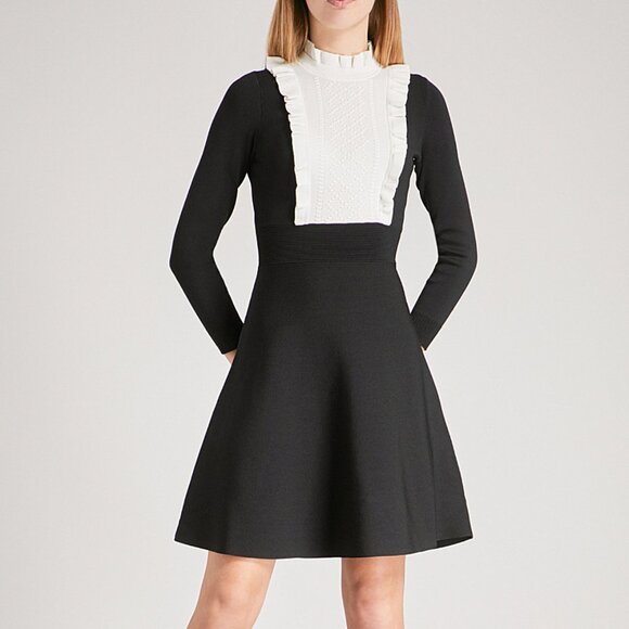 Sandro Contrast Bib Fit Flare Knitted Dress - Picture 1 of 10